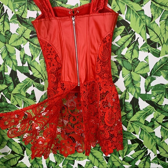 💋 Sexy Red Lace and Faux Leather Lace Up Corset Top Short Dress - Picture 6 of 8
